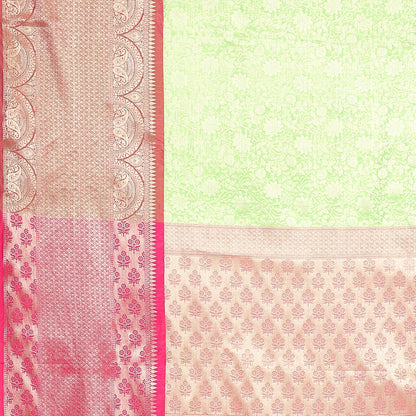 Faishana Presents Presents Green Kanchi Silk Zari Brocade Contrast Zari Brocade Pink Pattu Border Banarasi Saree.