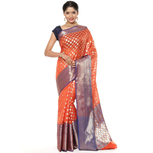 Faishana Presents Presents Orange Silver Gold Zari Chunri Booti Contrast Blue Pattu Border Banarasi Saree.