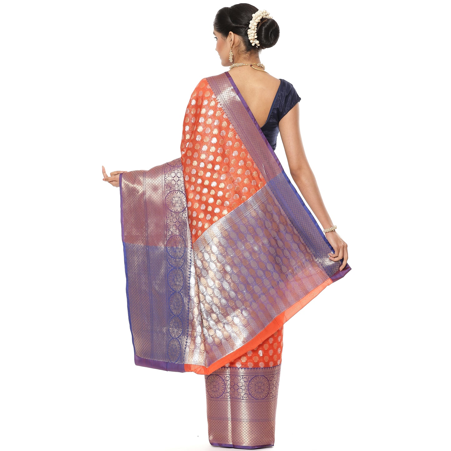 Faishana Presents Presents Orange Silver Gold Zari Chunri Booti Contrast Blue Pattu Border Banarasi Saree.