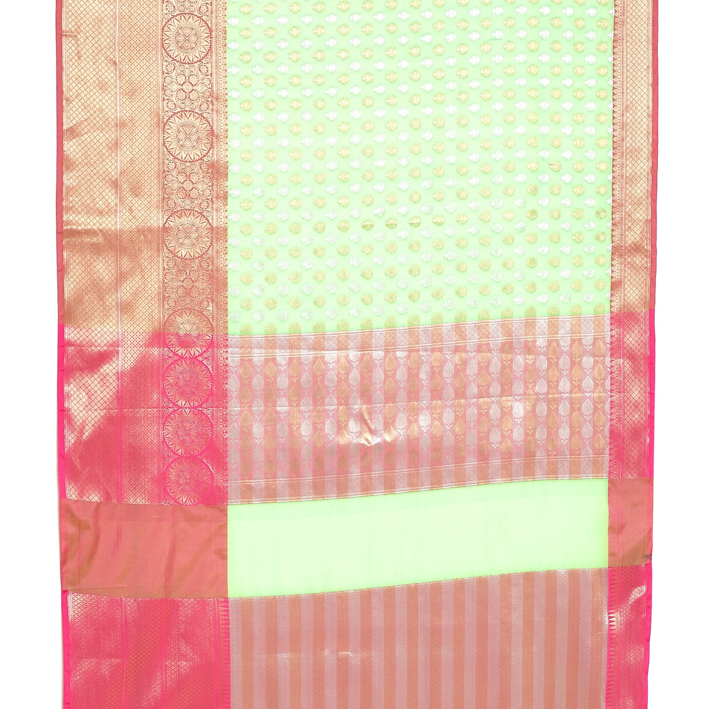 Faishana Presents Presents Green Silver Gold Zari Chunri Booti Contrast Pink Pattu Border Banarasi Saree.
