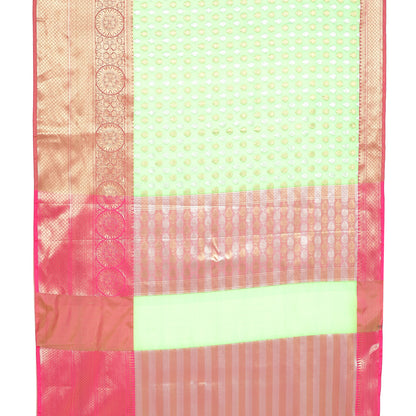 Faishana Presents Presents Green Silver Gold Zari Chunri Booti Contrast Pink Pattu Border Banarasi Saree.