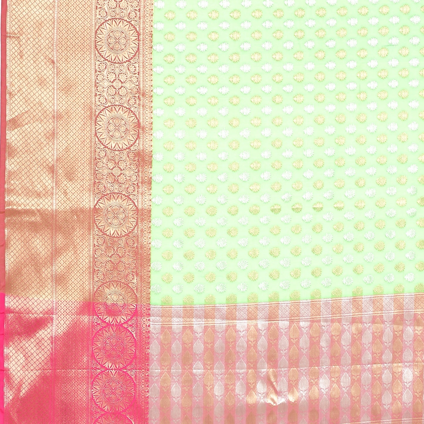 Faishana Presents Presents Green Silver Gold Zari Chunri Booti Contrast Pink Pattu Border Banarasi Saree.