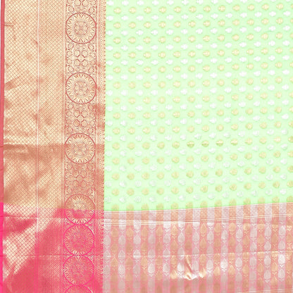 Faishana Presents Presents Green Silver Gold Zari Chunri Booti Contrast Pink Pattu Border Banarasi Saree.