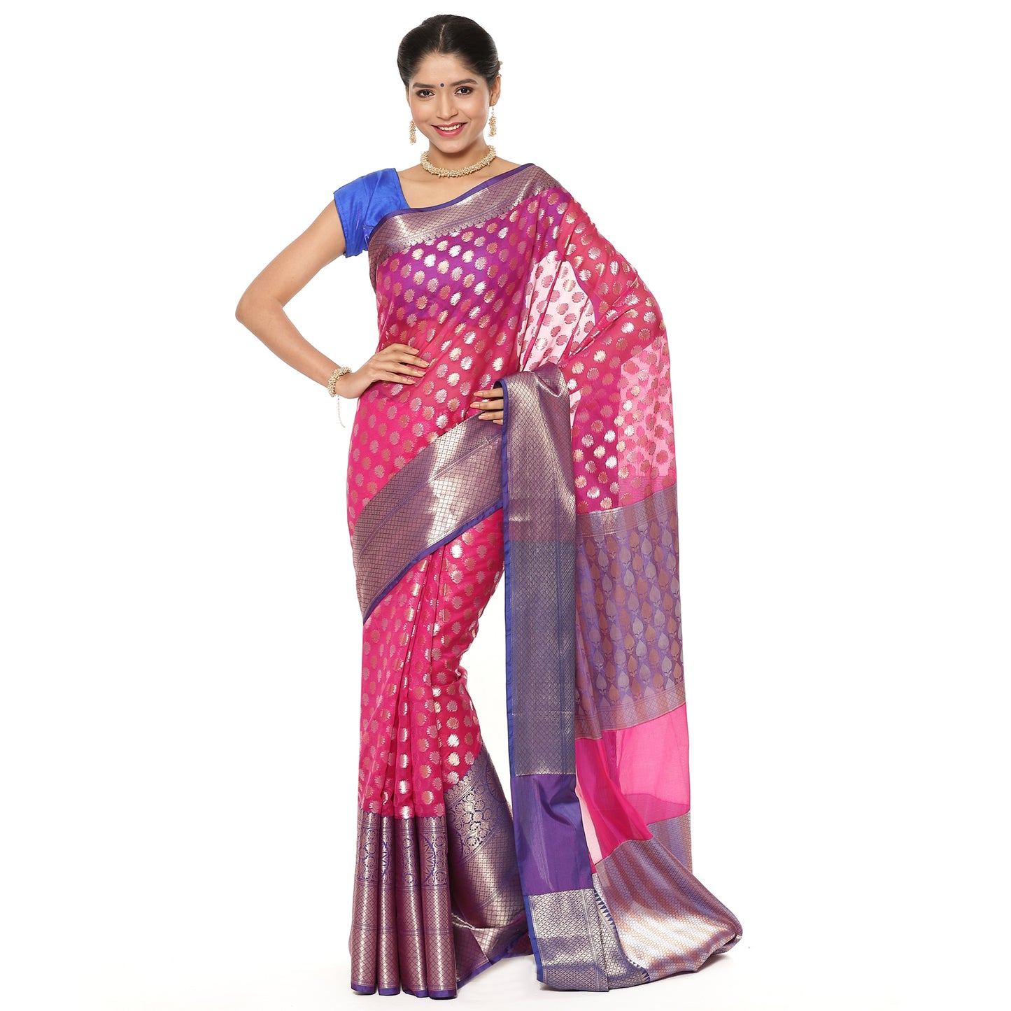 Faishana Presents Presents Pink Silver Gold Zari Chunri Booti Contrast Blue Pattu Border Banarasi Saree.
