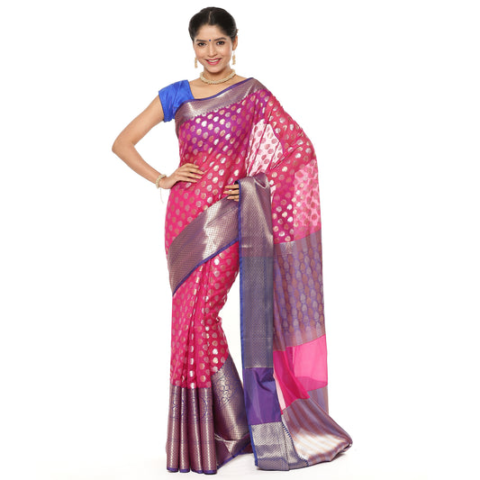 Faishana Presents Presents Pink Silver Gold Zari Chunri Booti Contrast Blue Pattu Border Banarasi Saree.