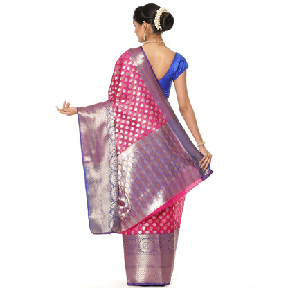 Faishana Presents Presents Pink Silver Gold Zari Chunri Booti Contrast Blue Pattu Border Banarasi Saree.
