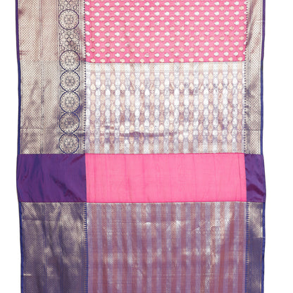 Faishana Presents Presents Pink Silver Gold Zari Chunri Booti Contrast Blue Pattu Border Banarasi Saree.