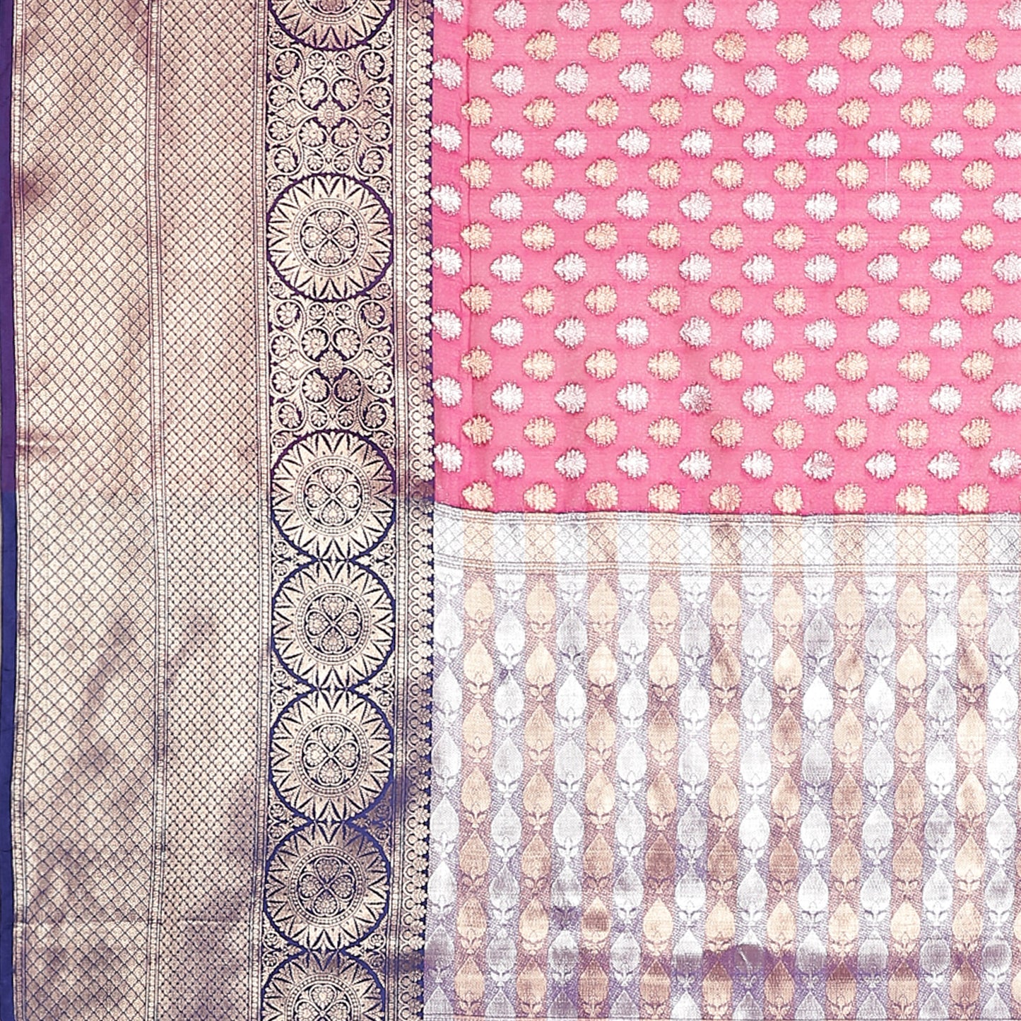 Faishana Presents Presents Pink Silver Gold Zari Chunri Booti Contrast Blue Pattu Border Banarasi Saree.