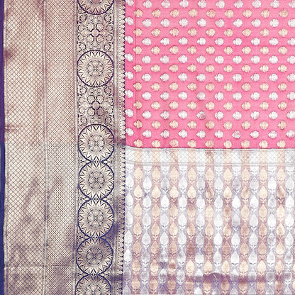 Faishana Presents Presents Pink Silver Gold Zari Chunri Booti Contrast Blue Pattu Border Banarasi Saree.