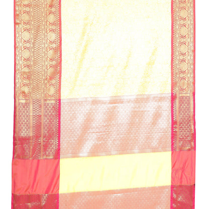 Faishana Presents Presents Yellow Kanchi Silk Zari Brocade Contrast Zari Brocade Strawberry Pattu Border Banarasi Saree.