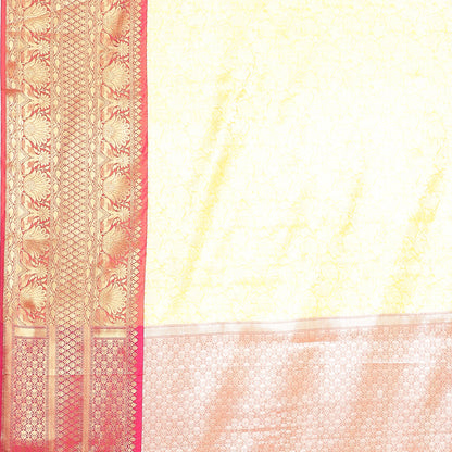 Faishana Presents Presents Yellow Kanchi Silk Zari Brocade Contrast Zari Brocade Strawberry Pattu Border Banarasi Saree.