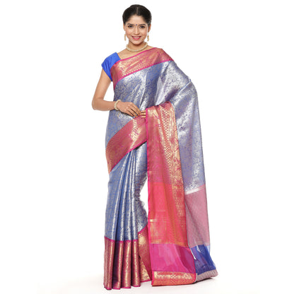 Faishana Presents Presents Blue Kanchi Silk Zari Brocade Contrast Zari Brocade Magenta Pattu Border Banarasi Saree.