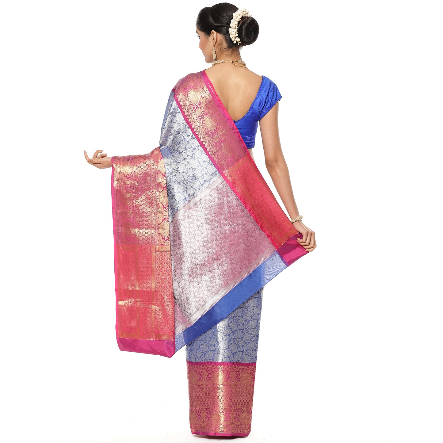 Faishana Presents Presents Blue Kanchi Silk Zari Brocade Contrast Zari Brocade Magenta Pattu Border Banarasi Saree.