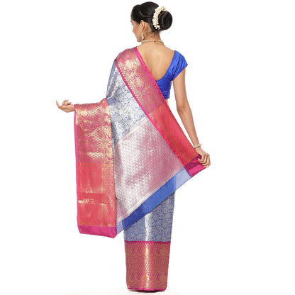 Faishana Presents Presents Blue Kanchi Silk Zari Brocade Contrast Zari Brocade Magenta Pattu Border Banarasi Saree.