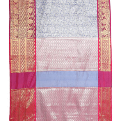 Faishana Presents Presents Blue Kanchi Silk Zari Brocade Contrast Zari Brocade Magenta Pattu Border Banarasi Saree.