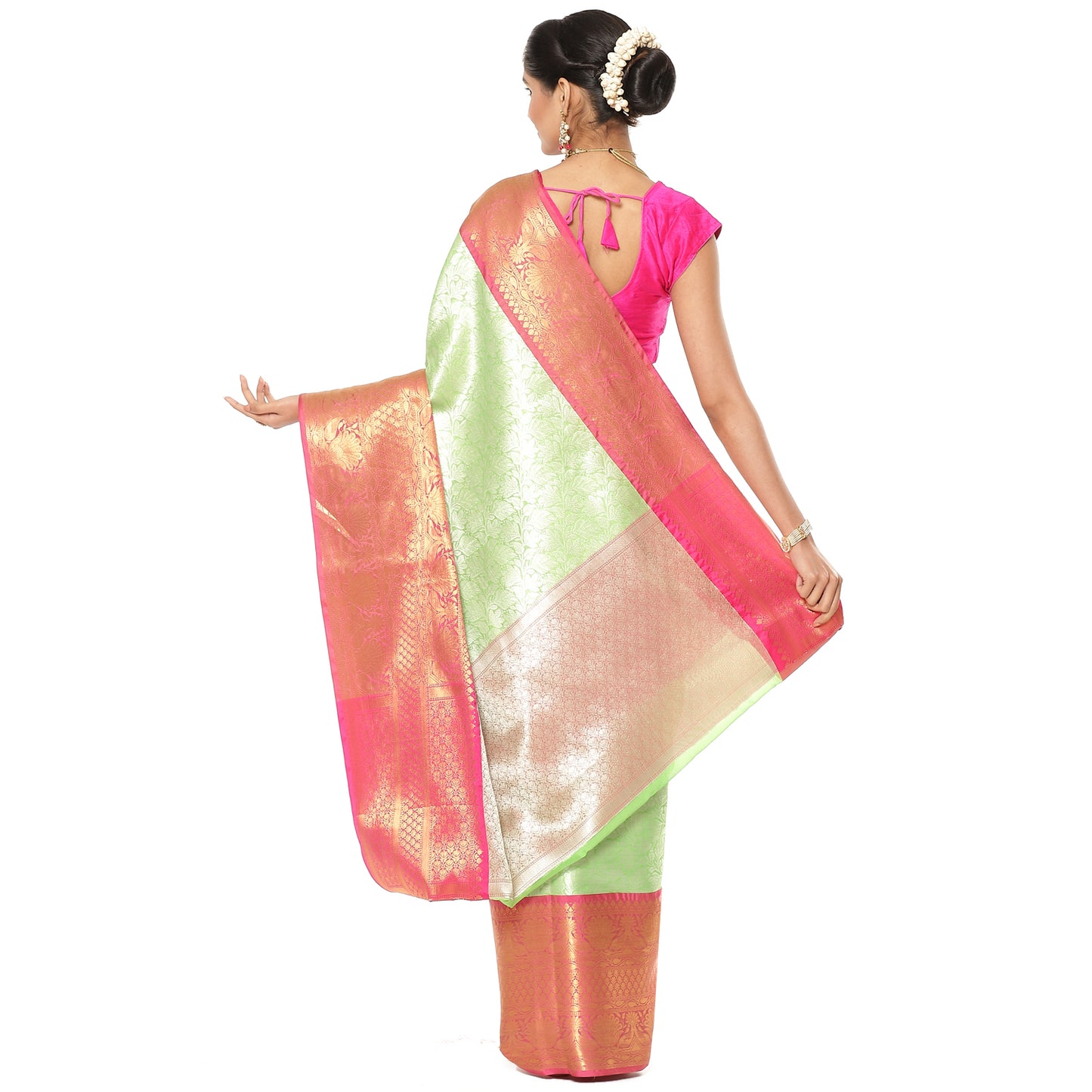 Faishana Presents Presents Green Kanchi Silk Zari Brocade Contrast Zari Brocade Red Pattu Border Banarasi Saree.