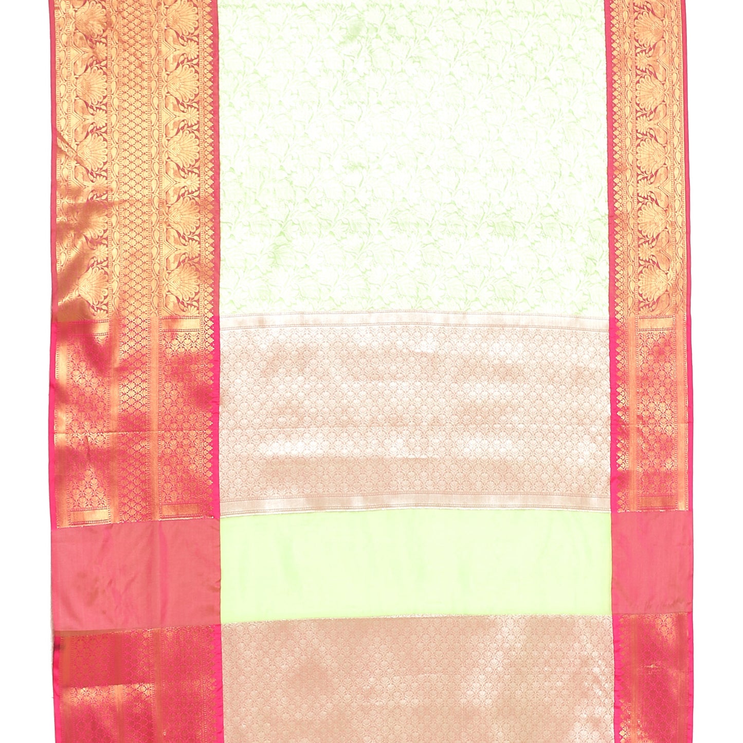 Faishana Presents Presents Green Kanchi Silk Zari Brocade Contrast Zari Brocade Red Pattu Border Banarasi Saree.