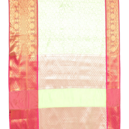 Faishana Presents Presents Green Kanchi Silk Zari Brocade Contrast Zari Brocade Red Pattu Border Banarasi Saree.
