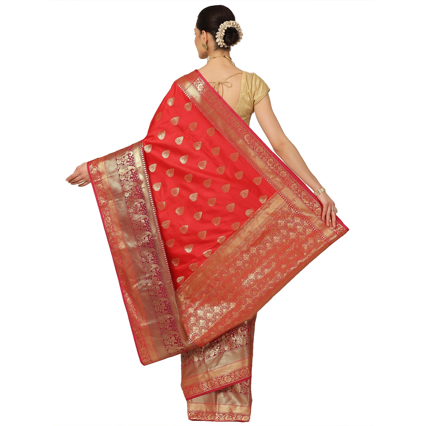 Faishana Presents Red Poly Cotton Zari Boota Skirt Border Banarasi Saree with Blouse Piece