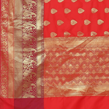 Faishana Presents Red Poly Cotton Zari Boota Skirt Border Banarasi Saree with Blouse Piece