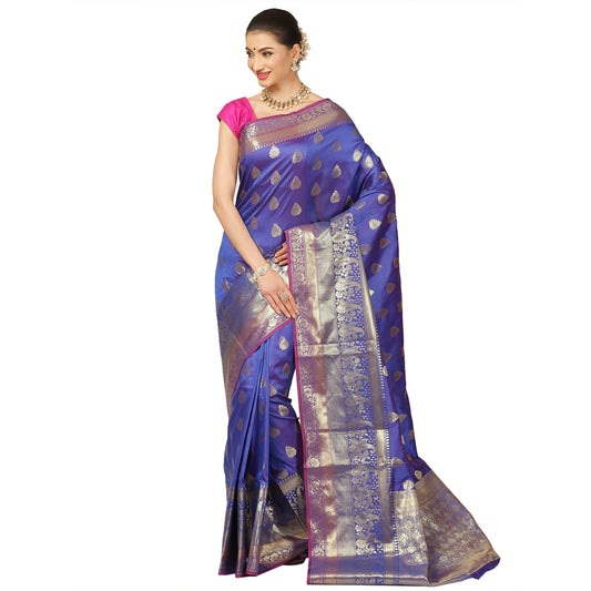 Faishana Presents Royal Blue Poly Cotton Zari Boota Skirt Border Banarasi Saree With Blouse Piece