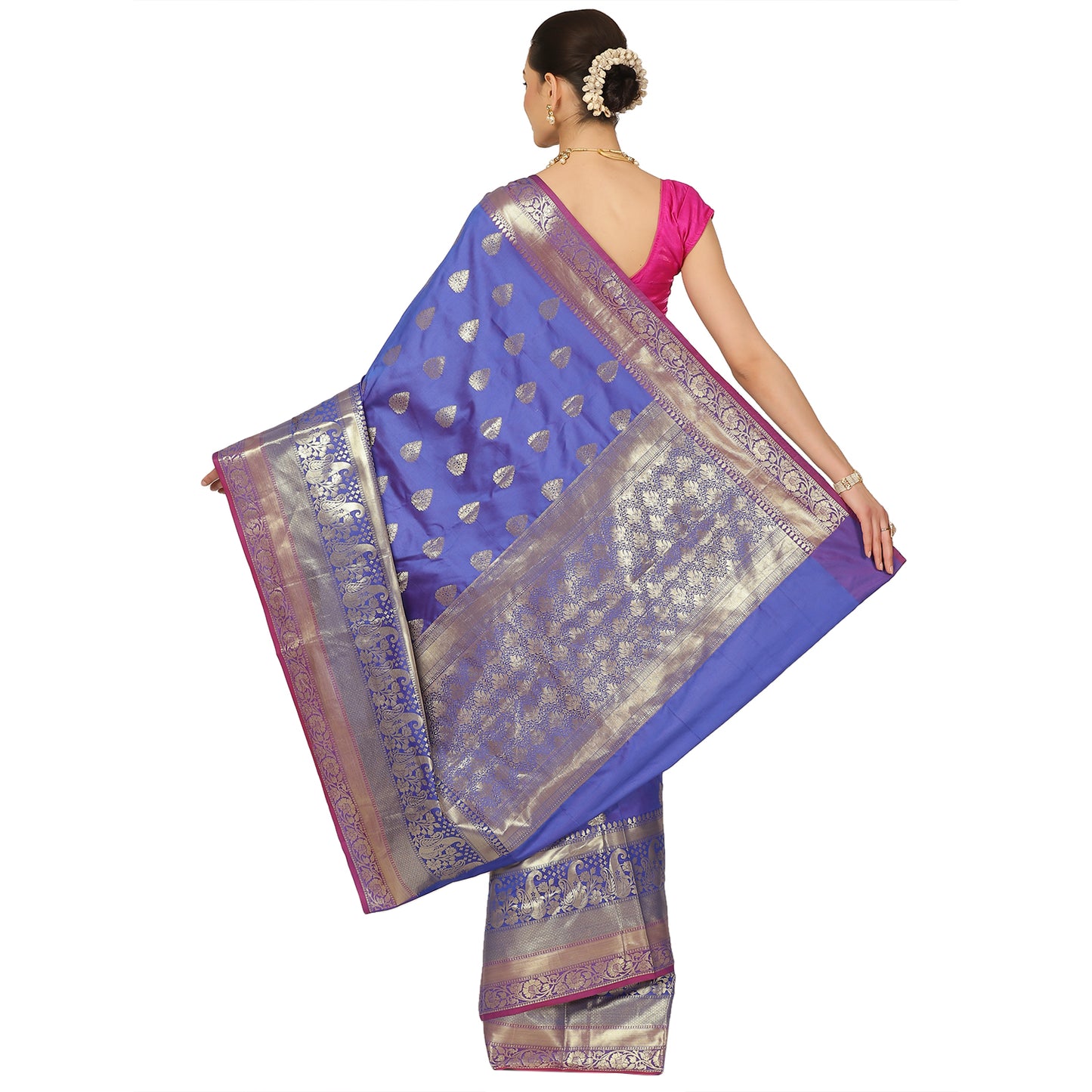 Faishana Presents Royal Blue Poly Cotton Zari Boota Skirt Border Banarasi Saree With Blouse Piece