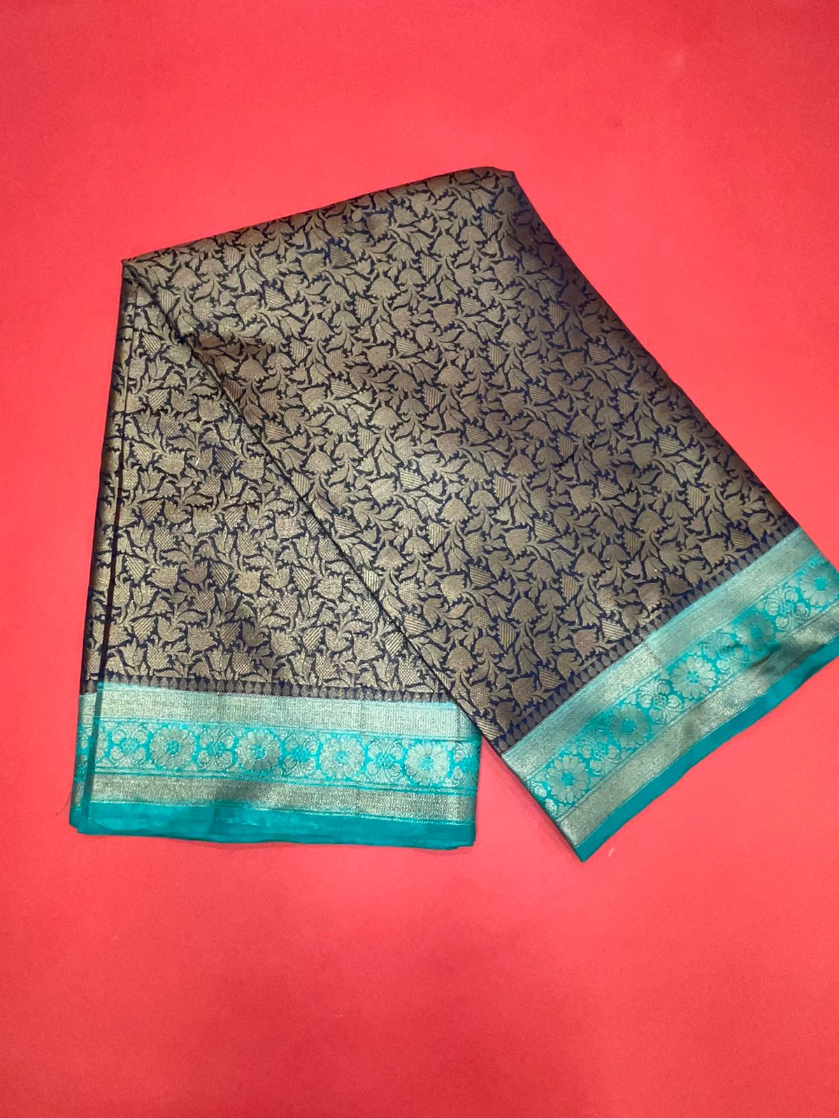 Faishana Presents Black Katan Zari Brocade Saree With Kadiyal Contrast Seagreen Border Banarasi Saree