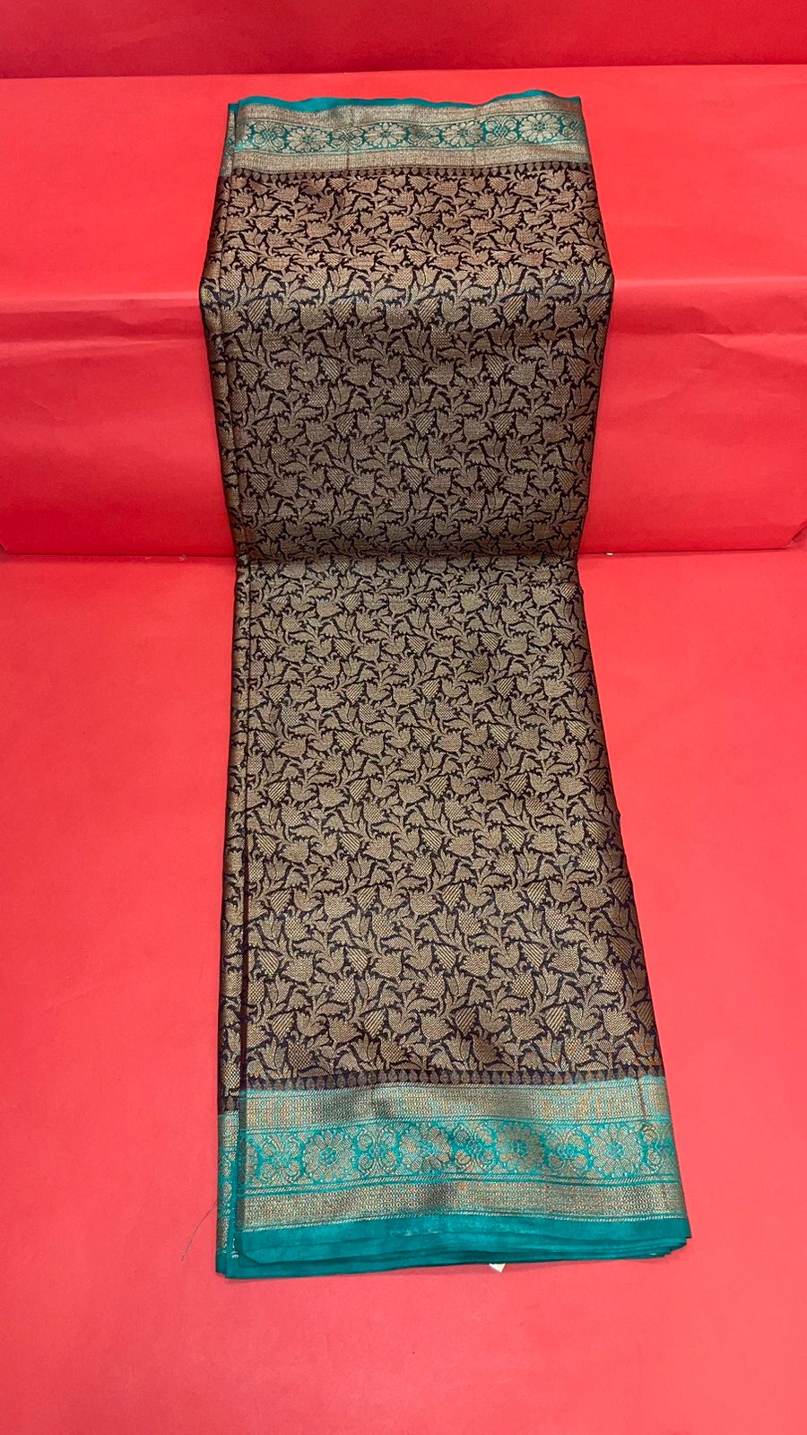 Faishana Presents Black Katan Zari Brocade Saree With Kadiyal Contrast Seagreen Border Banarasi Saree