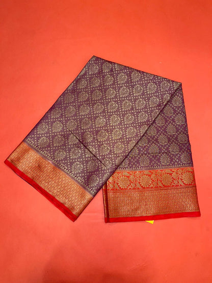 Faishana Presents Brown Katan Zari Brocade Saree With Kadiyal Contrast Red Border Banarasi Saree