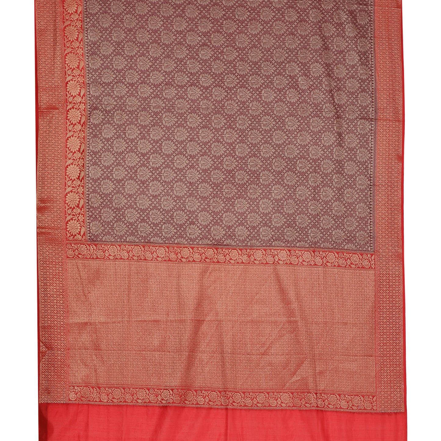 Faishana Presents Brown Katan Zari Brocade Saree With Kadiyal Contrast Red Border Banarasi Saree