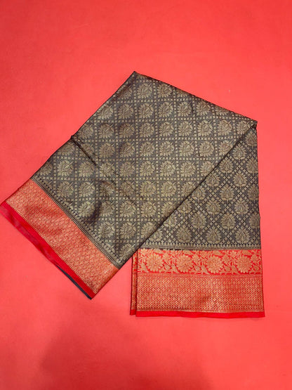 Faishana Presents Black Katan Zari Brocade Saree With Kadiyal Contrast Red Border Banarasi