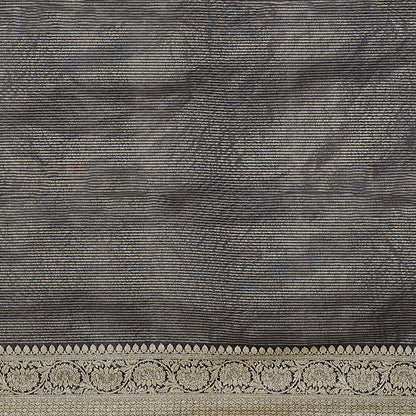 Faishana Presents Green Organza Striped Contrast Black Kadiyal Border Banarasi Saree