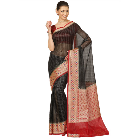 Faishana Presents Black Organza Zari Check With Skirt Tilfi Kadiyal Red Contrast Border Banarasi Saree