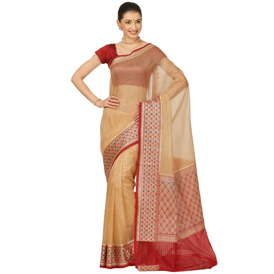 Faishana Presents Tussar Cream Organza Zari Check With Skirt Tilfi Kadiyal Red Contrast Border Banarasi Saree