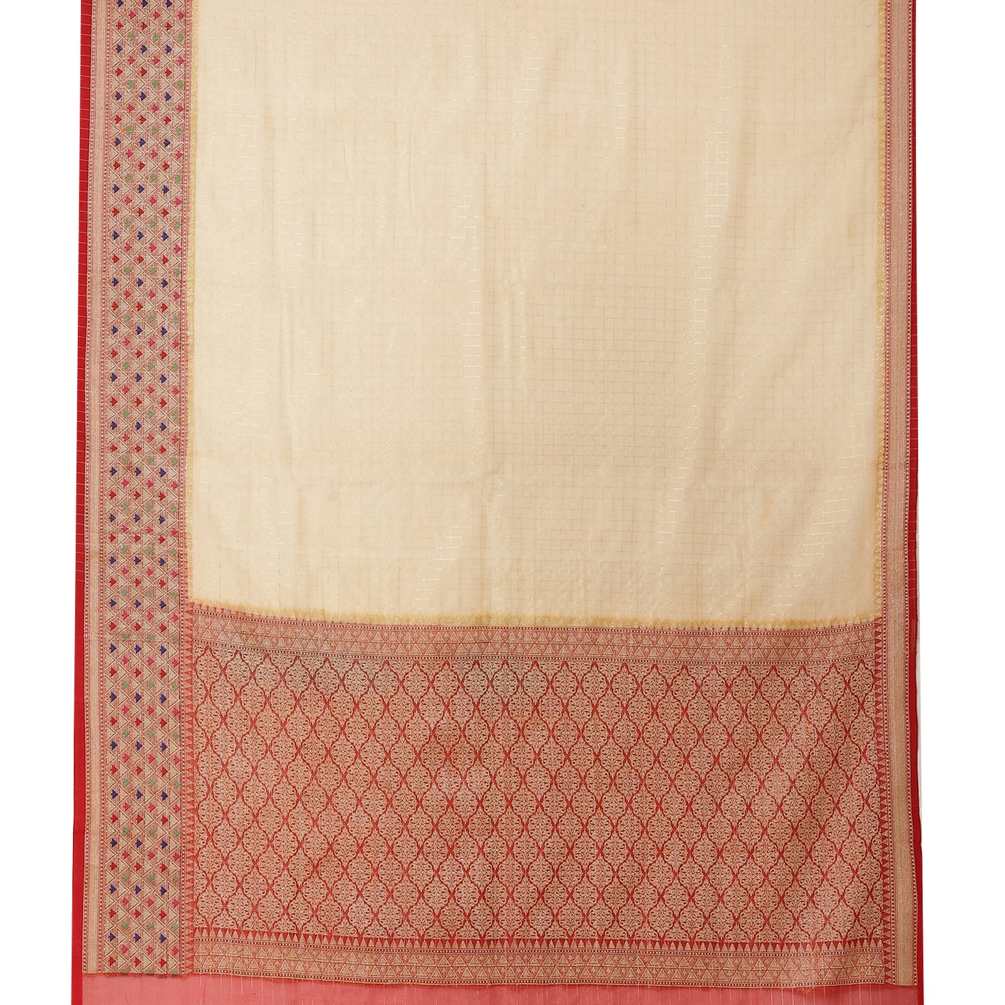 Faishana Presents Tussar Cream Organza Zari Check With Skirt Tilfi Kadiyal Red Contrast Border Banarasi Saree