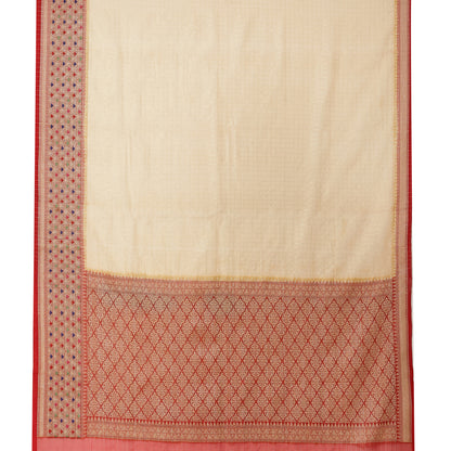 Faishana Presents Tussar Cream Organza Zari Check With Skirt Tilfi Kadiyal Red Contrast Border Banarasi Saree