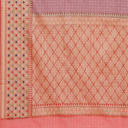 Faishana Presents Brown Organza Zari Check With Skirt Tilfi Kadiyal Contrast Border Banarasi Saree