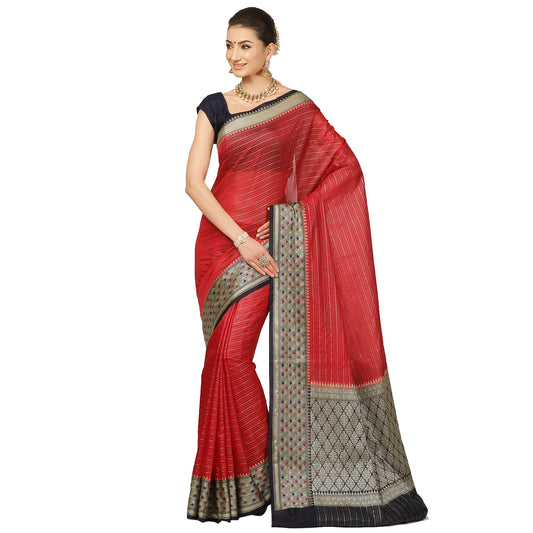 Faishana Presents Red Organza Zari Check With Tilfi Kadiyal Black Contrast Border Banarasi Saree