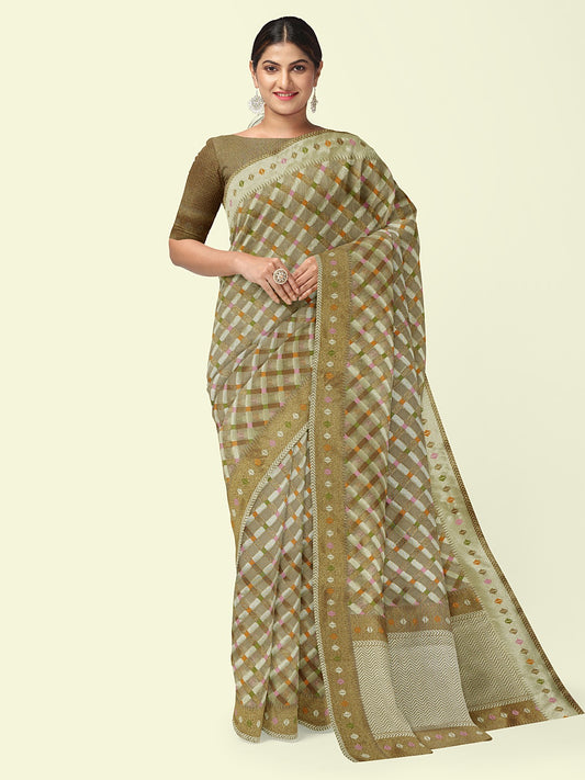 Faishana Presents Presents Beige Cotton Geometric  Checked Banarasi Zari Border Saree