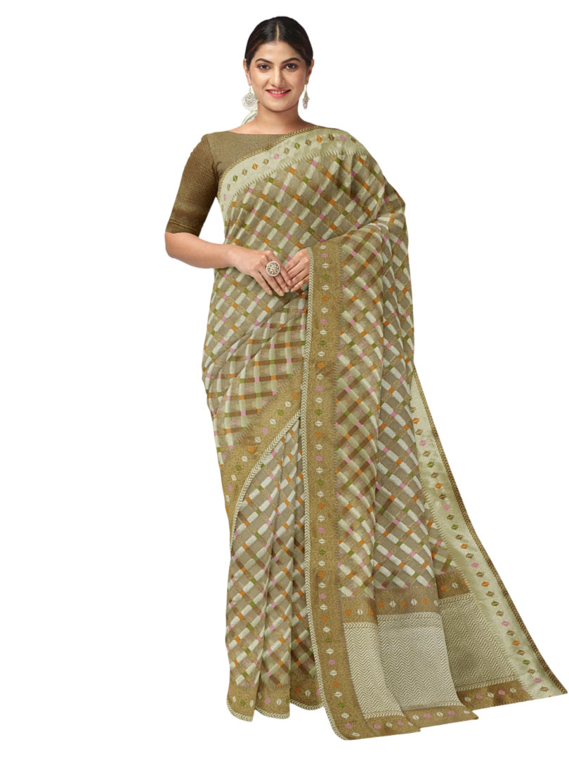Faishana Presents Presents Beige Cotton Geometric  Checked Banarasi Zari Border Saree