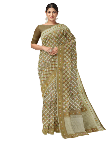 Faishana Presents Presents Beige Cotton Geometric  Checked Banarasi Zari Border Saree