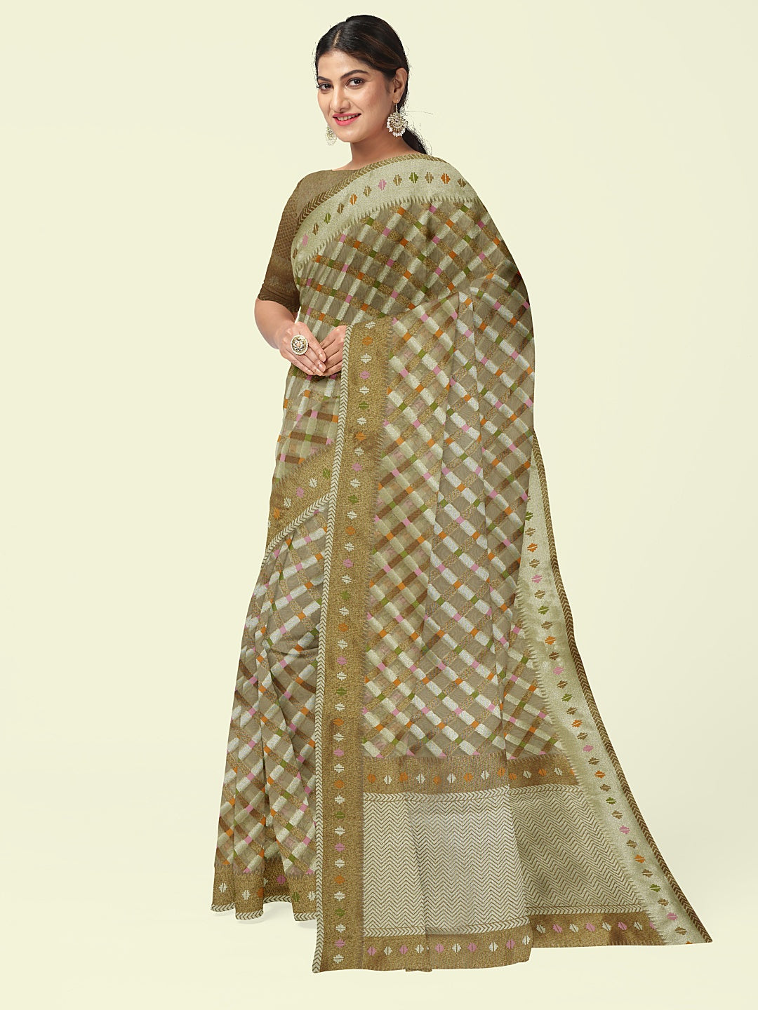 Faishana Presents Presents Beige Cotton Geometric  Checked Banarasi Zari Border Saree
