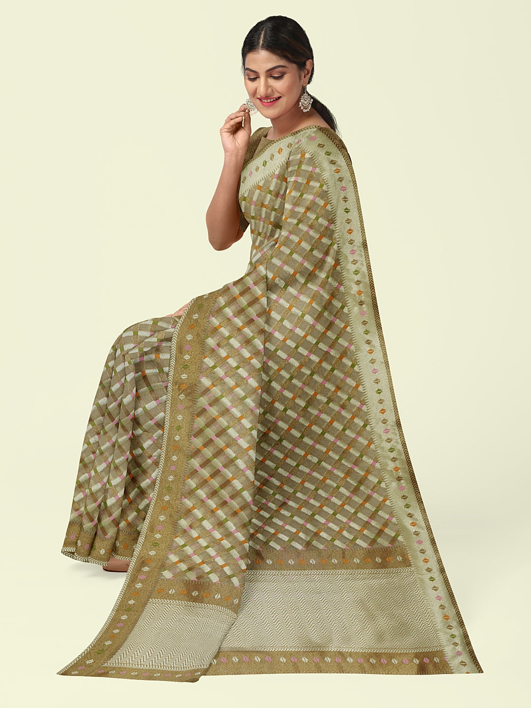 Faishana Presents Presents Beige Cotton Geometric  Checked Banarasi Zari Border Saree