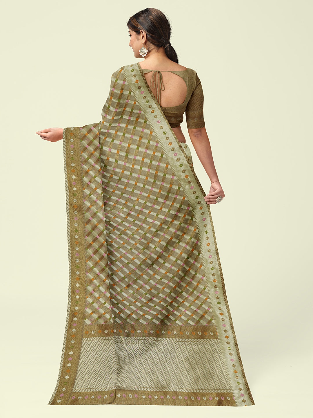 Faishana Presents Presents Beige Cotton Geometric  Checked Banarasi Zari Border Saree