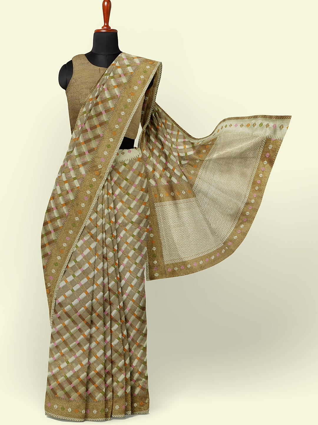 Faishana Presents Presents Beige Cotton Geometric  Checked Banarasi Zari Border Saree
