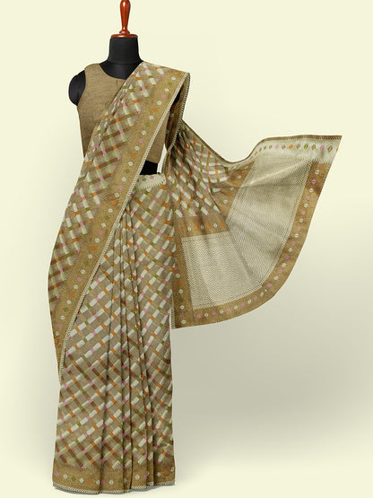 Faishana Presents Presents Beige Cotton Geometric  Checked Banarasi Zari Border Saree