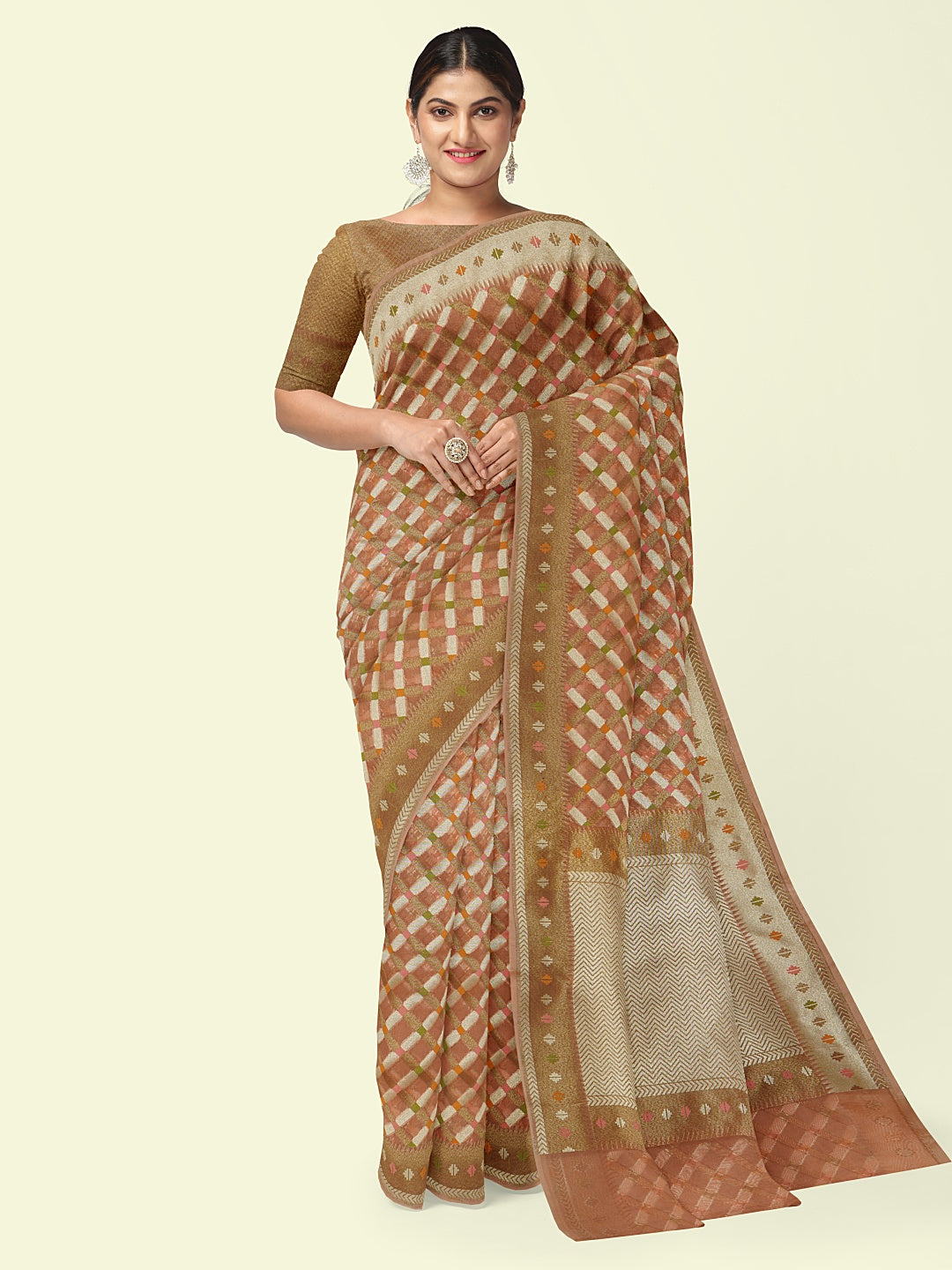 Faishana Presents Peach Cotton Geometric Checked Banarasi Zari Border Banarasi Saree