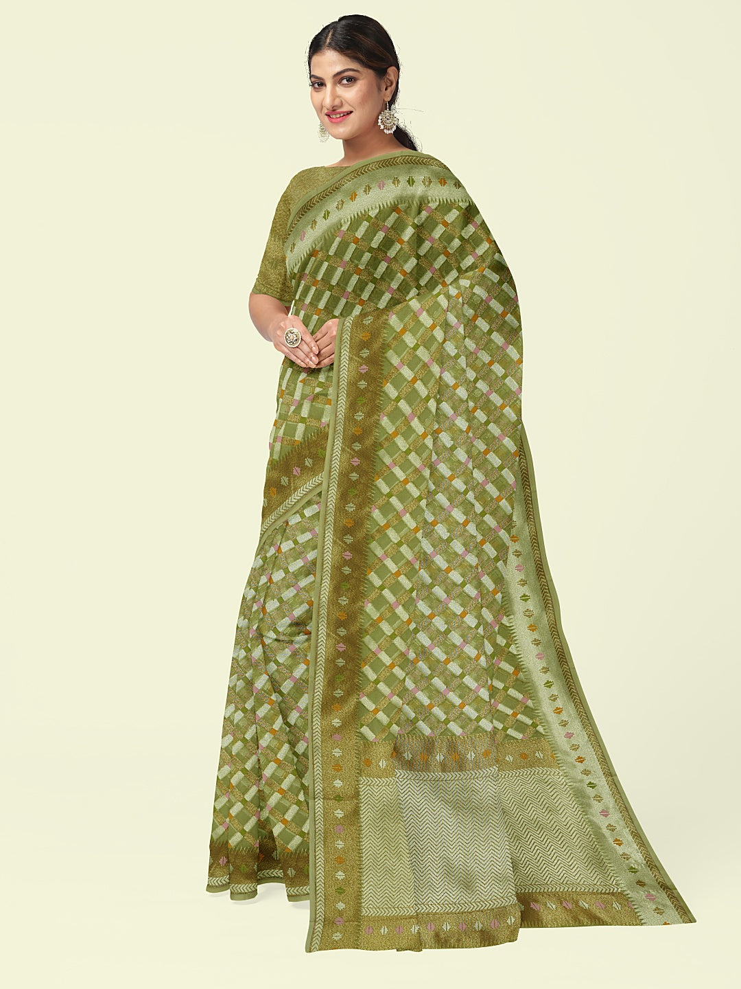 Faishana Presents Presents Green Cotton Geometric  Checked Banarasi Zari Border Saree