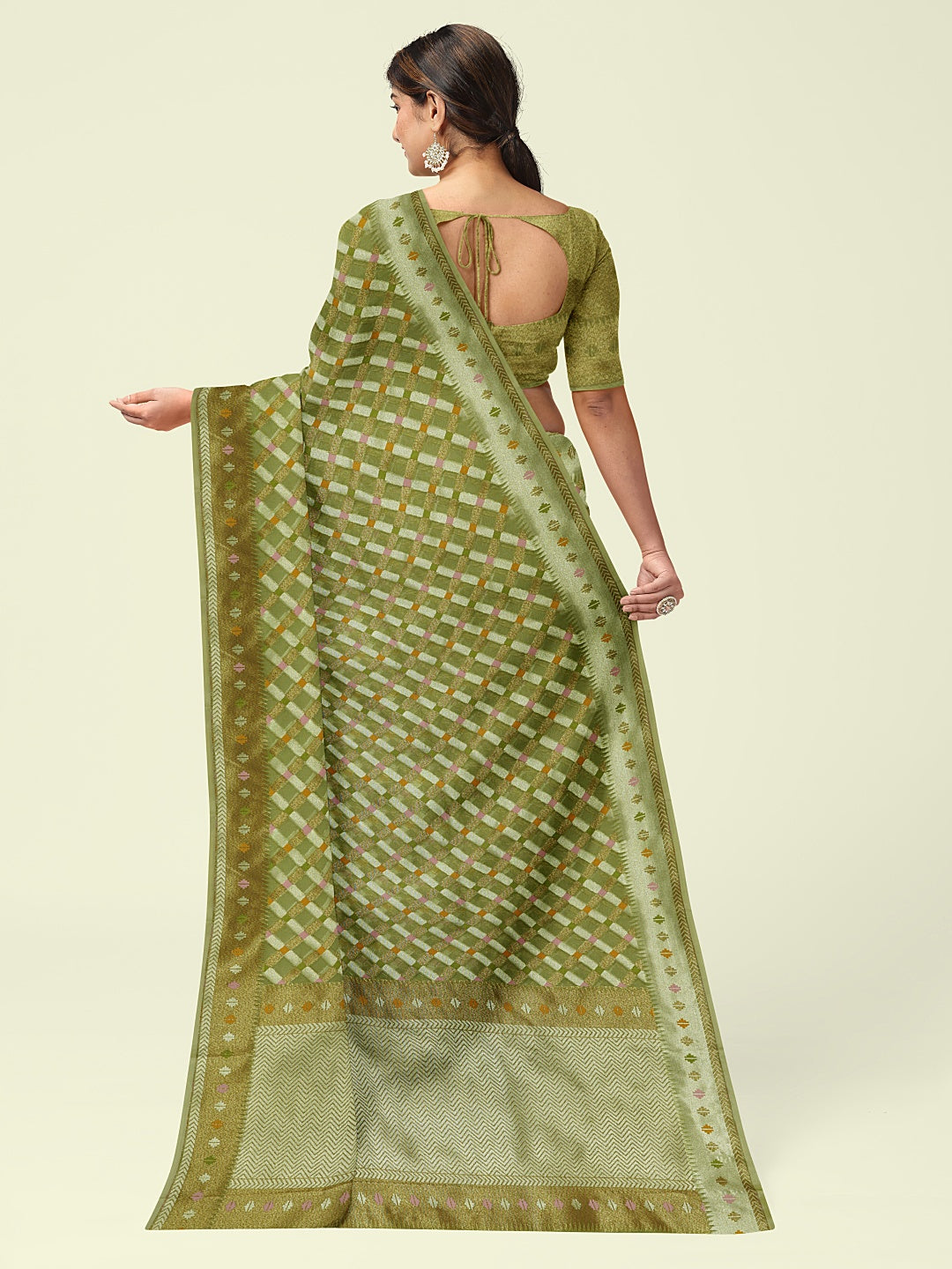 Faishana Presents Presents Green Cotton Geometric  Checked Banarasi Zari Border Saree