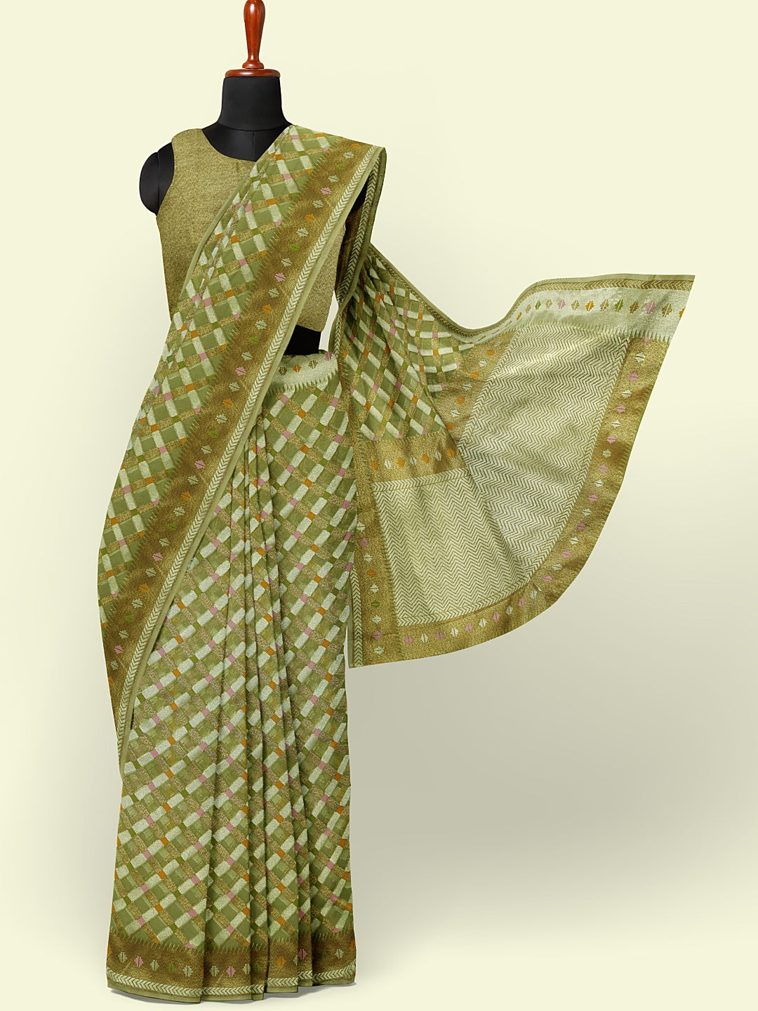 Faishana Presents Presents Green Cotton Geometric  Checked Banarasi Zari Border Saree